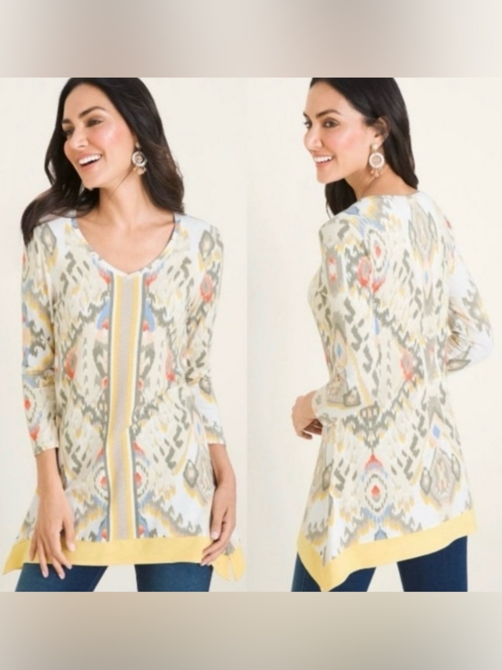 Chico’s Zenergy IKAT Border Tunic Top Aztec Print Size 16/18 Yellow Blue